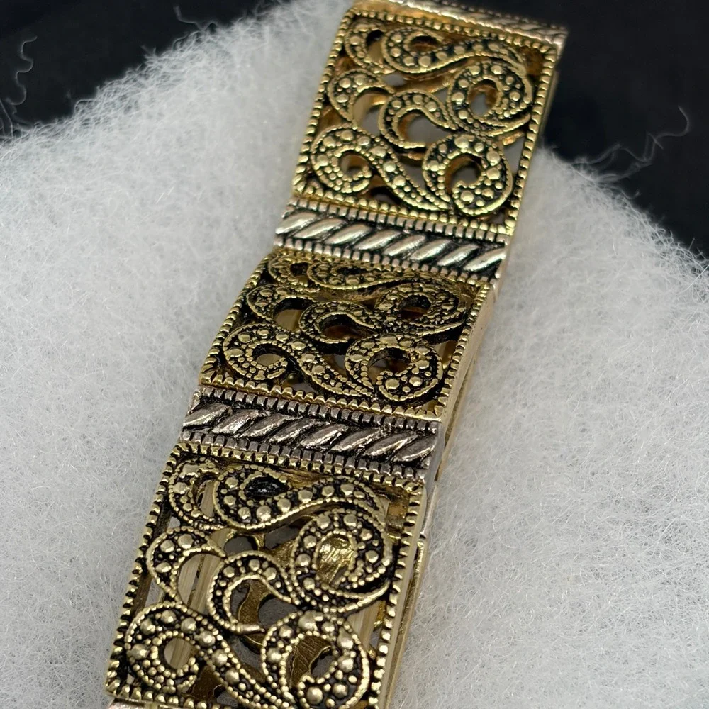 TWO Vintage Gold Tone Black Rhinestone Filigree Panel Stretch Bracelets Art Deco